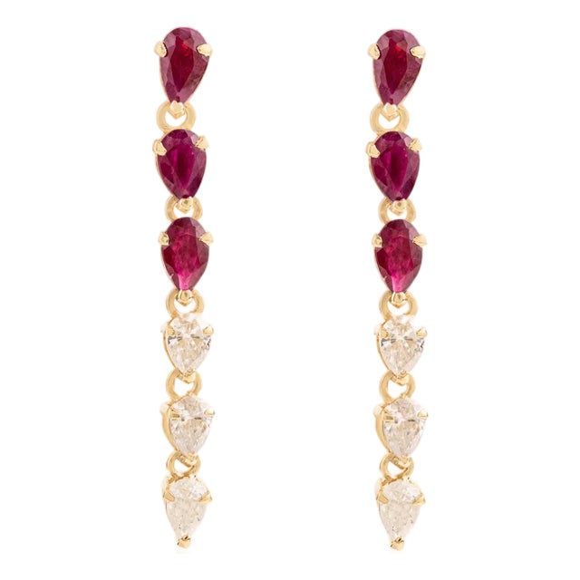 Late 20th Century 1.32 Ct Pear Shape Red Ruby & Diamond Drop Earrings in 14k Gold- A Pair For Sale