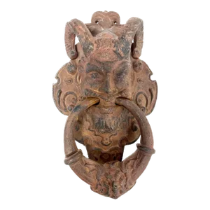 Antique Satyr Face W/Ram Horns Iron Door Knocker