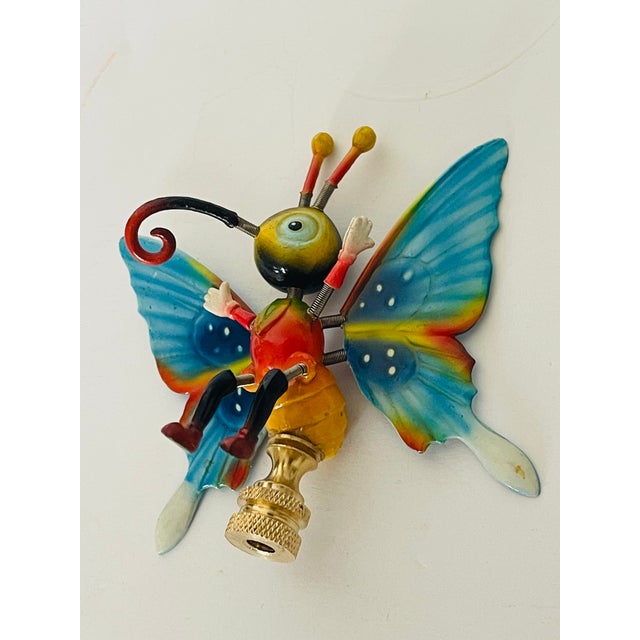 Whimsical Butterfly figurine Handpainted wood on brass base as lamp finial.