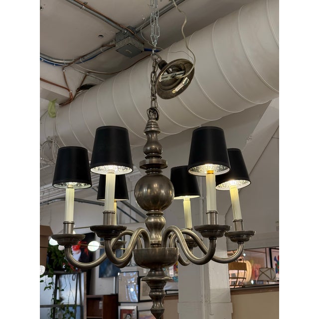 Metal Chapman Six Light Chandelier + Black Shades For Sale - Image 7 of 12