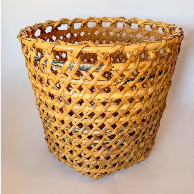 Mid-Century Modern Large Mid-Century Burned Bamboo & Rattan Floor Planter Basket For Sale - Image 3 of 12