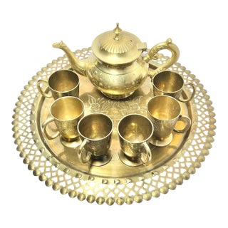 Vintage Indian-Made Arabian Moroccan-Style Solid Brass Coffee or Tea Set - 8 Piece For Sale