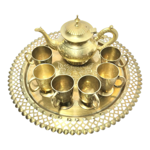 Vintage Indian-Made Arabian Moroccan-Style Solid Brass Coffee or Tea Set - 8 Piece