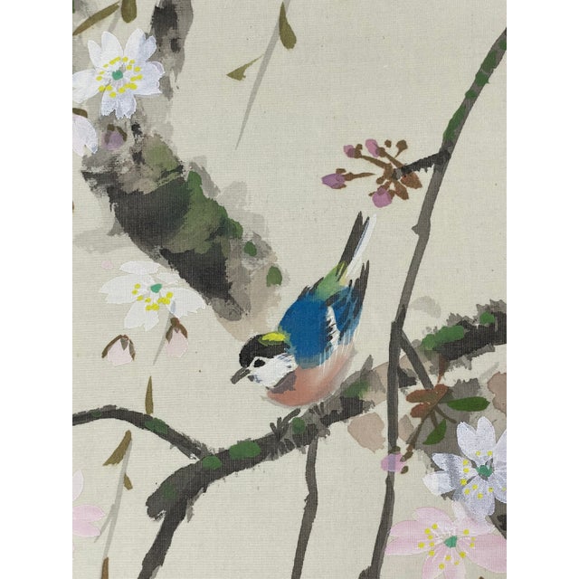 Japanese Blue Bird & Cherry Blossoms, Japanese Hand-Painted Silk Kakejiku (Hanging Scroll), Early 20th C.entury For Sale - Image 3 of 11