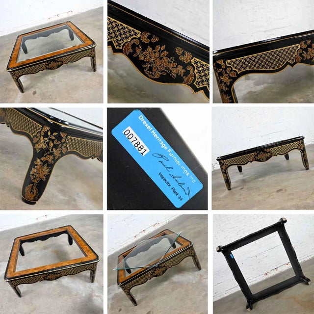 1980's Drexel Heritage Coffee Table Et Cetera Collection Chinoiserie Black & Gold Painted & Burl With Glass Insert For Sale - Image 11 of 14