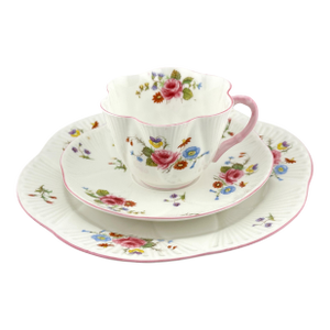 Shelley Rose & Red Daisy Trio Dainty Shape, Vintage English Bone China 3 Piece Tea Set
