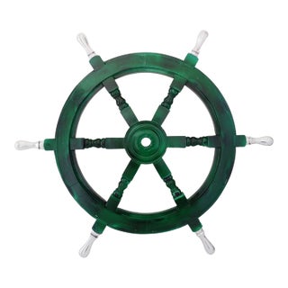 Vintage Nautical Handcrafted Green Wooden Ship Wheel With Aluminium Hub & Handle For Sale
