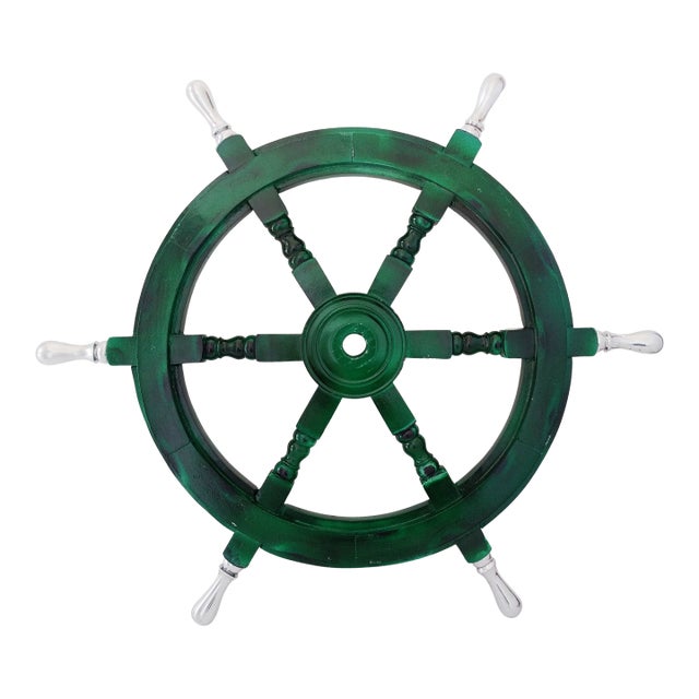 Vintage Nautical Handcrafted Green Wooden Ship Wheel With Aluminium Hub & Handle For Sale