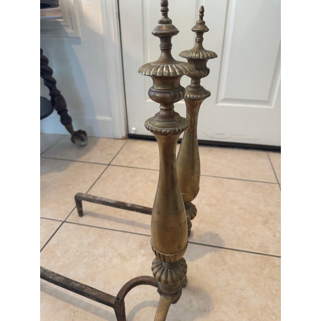 Antique Solid Brass Fireplace Andirons/ Firedogs Pair (2) For Sale - Image 12 of 12