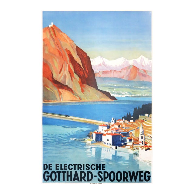 1935 Original Swiss Art Deco Railway Poster, De Electrische Gotthard For Sale