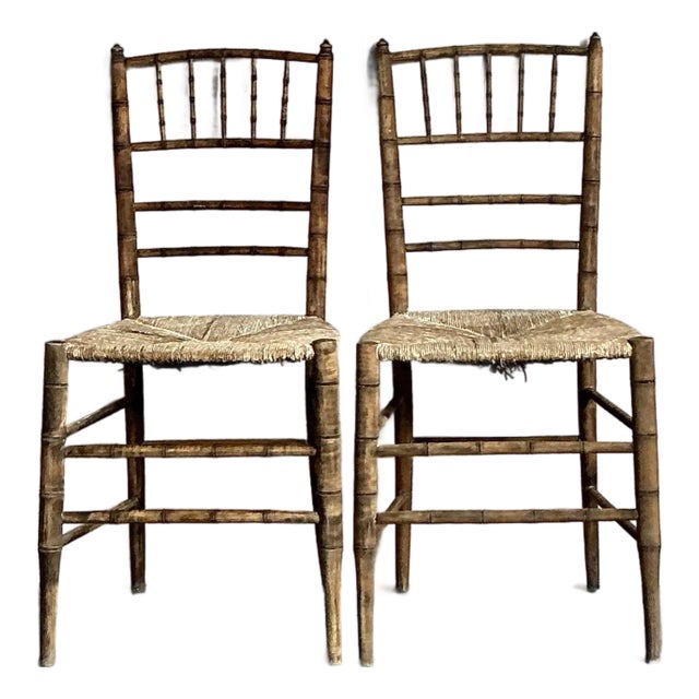 Vintage Patinated Rush Seat Charvari Chairs - A Pair For Sale