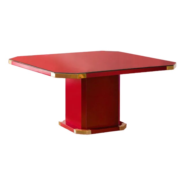 Red Lacquered Hexagonal Dining Table with Brass Details and Molato Crystal Shelf, Italy, 1980s For Sale