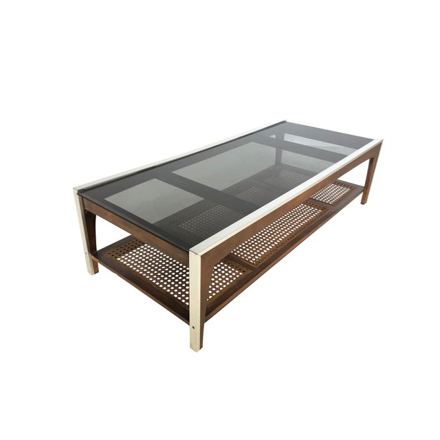 Mid Century Modern Coffee Table in Rattan, Chrome and Walnut Chairish