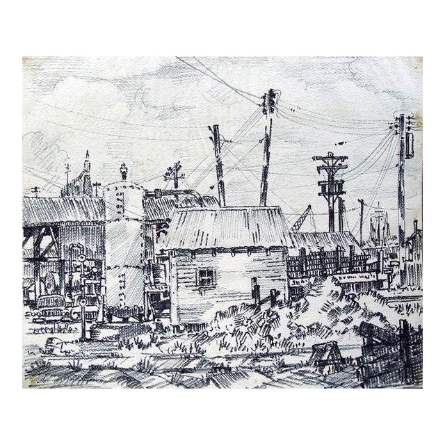 Mid 20th Century Simon Michael Gulf Coast Industrial Scene Drawing For Sale