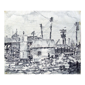 Mid 20th Century Simon Michael Gulf Coast Industrial Scene Drawing