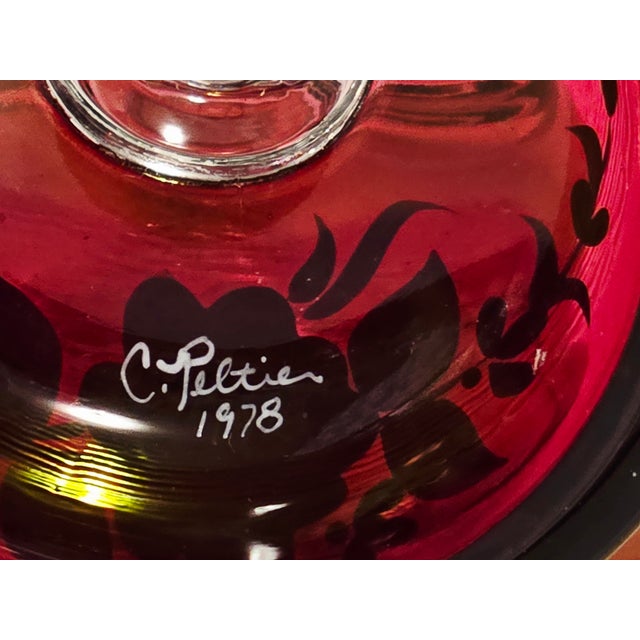 Westmoreland Handmade Ruby Glass Lidded Bowl With Floral Motif, Signed C. Peitier, 1978 For Sale - Image 12 of 12