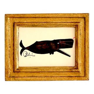 Original Hand-Painted Whimsical Baby Whale Painting in a Vintage Frame For Sale