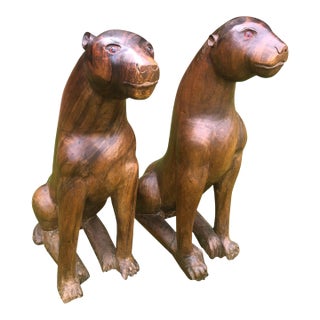Pair of Large Vintage Carved Wooden Panthers For Sale