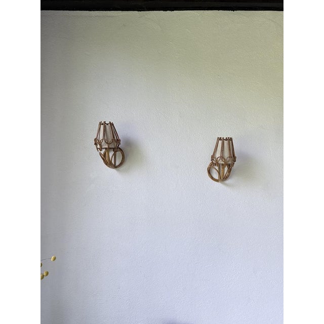 Wood Rattan Wall Sconces by Louis Sognot, 1960, Set of 2 For Sale - Image 7 of 18