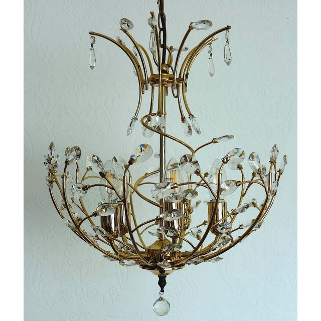 Gold Brass and Lead Crystal 5-Light Chandelier, 1970s For Sale - Image 8 of 12