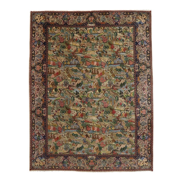 Antique Persian Tabriz Village Pictorial Rug - 11'02 X 14'07 For Sale