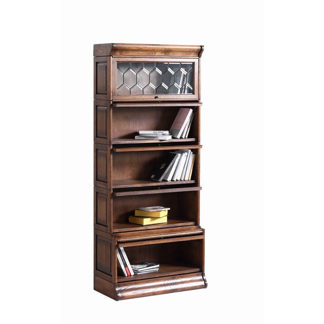 Mission Style Oak Barrister Bookcase 5 Stack-Leaded Glass in Walnut Stain For Sale - Image 13 of 18