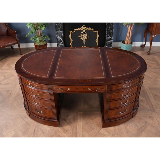 Nof072brn Brown Leather Oval Partners Desk For Sale - Image 4 of 12