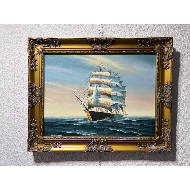 Early 21st Century Original Oil Painting on Canvas, Seascape, Sailing Ship, Signed, Gold Frame, Framed For Sale - Image 5 of 10