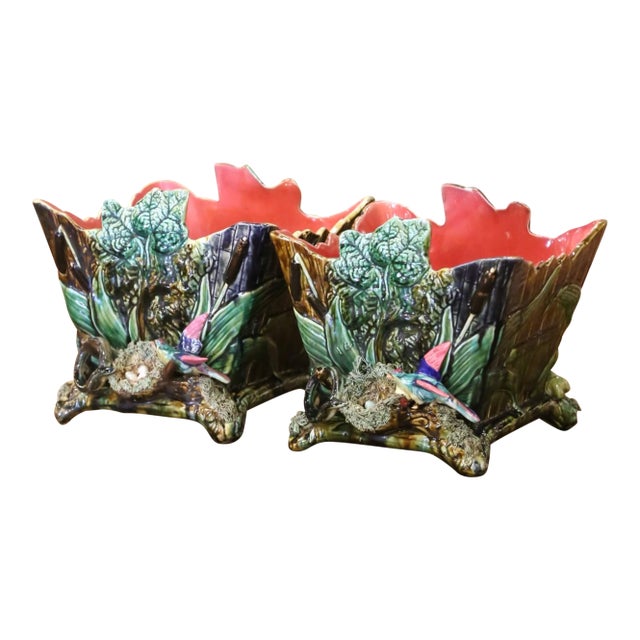Pair of 19th Century French Barbotine Majolica Jardinières With Bird and Foliage For Sale