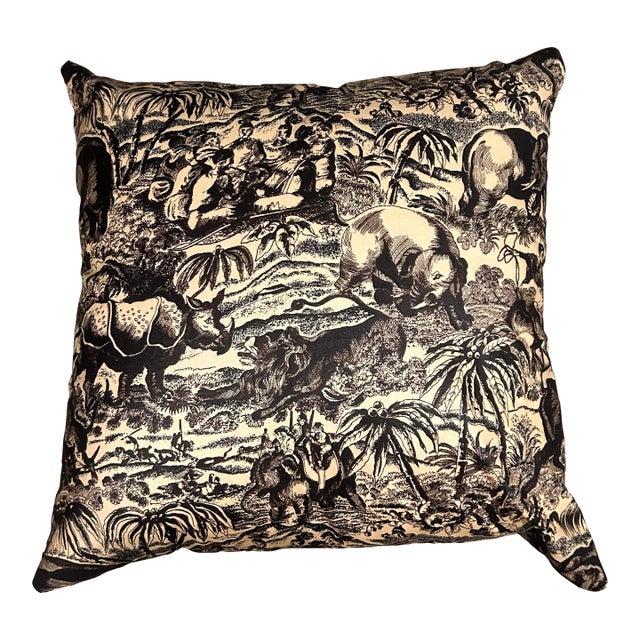 Rose Cumming “Hunt of the Raj” Toile Pillow in Sepia and Cream For Sale