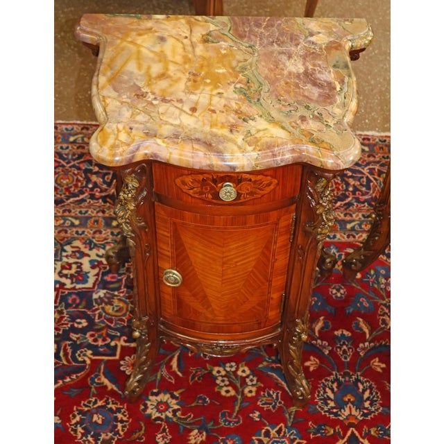 Pair of French Louis XV Style Marble Top Kingwood Inlaid End Table Nightstands For Sale - Image 12 of 18