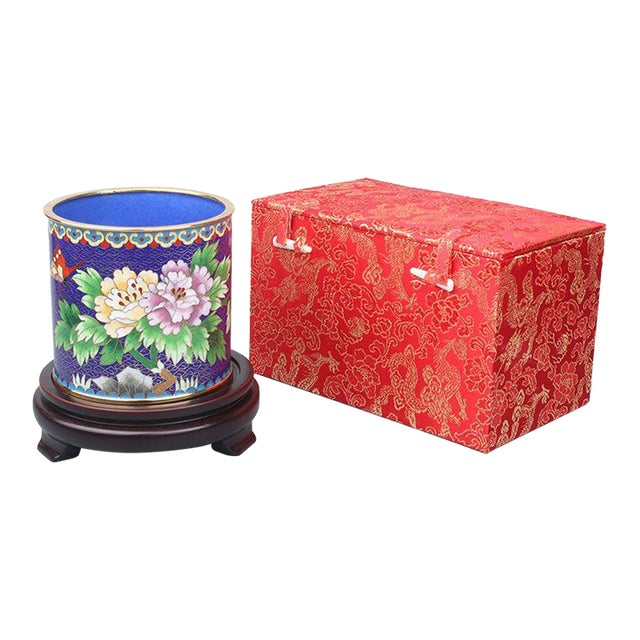 Vintage Cloisonné Enamel Brush Pot / Pen Holder – Peony & Butterfly Motif, With Wood Stand & Box For Sale