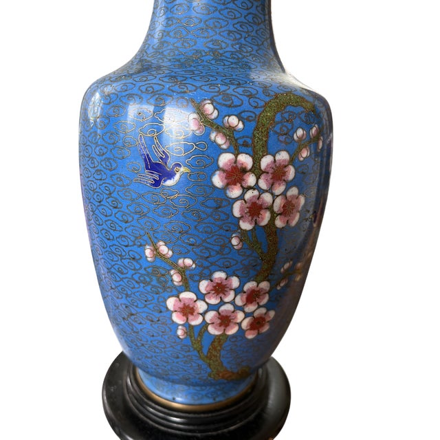 Bunny Williams Home Antique 19th Century Chinese Cloisonné Vase Lamp With Cherry Blossoms & Swallows on Cobalt Blue Ground, 18" For Sale - Image 4 of 15