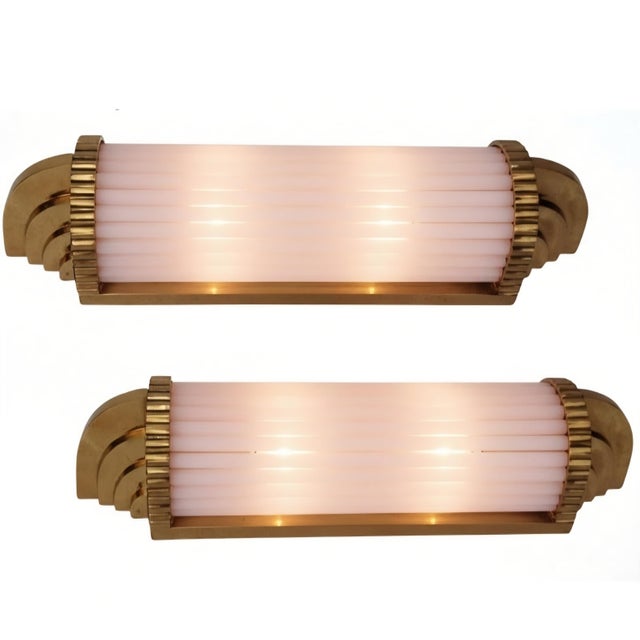 Pair Skyscraper Vintage Art deco light Old Lamp Wall Sconces Fixture Brass & Pink Glass Rod Ship Light Excellent Working...