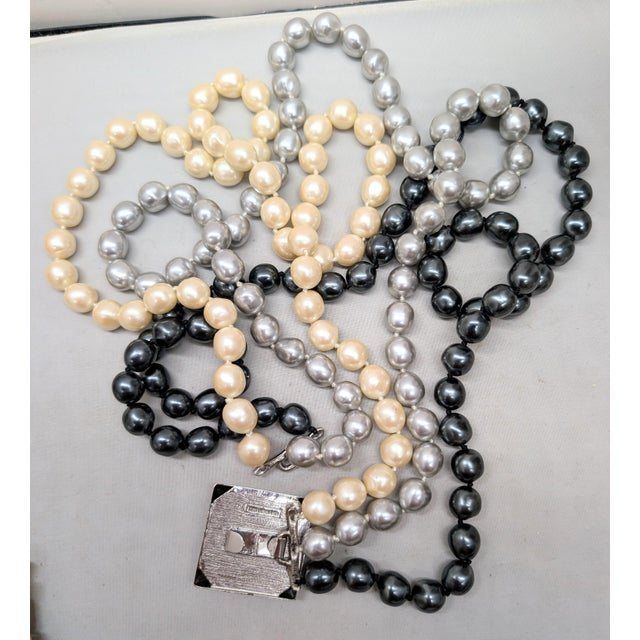Vintage 1980s Signed Les Bernard 3-Strand Faux-Pearl Necklace For Sale - Image 11 of 11