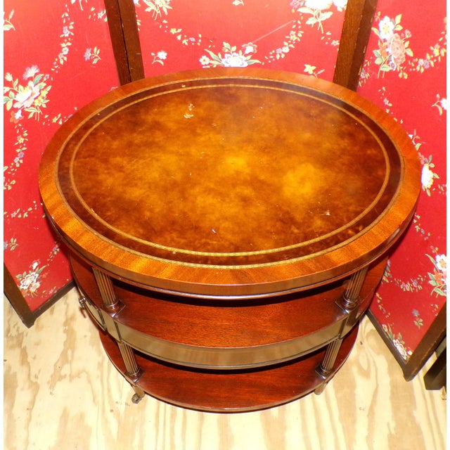 Vintage Pair Weiman Heirloom Mahogany Leather Top Oval Lamp Tables For Sale - Image 17 of 18