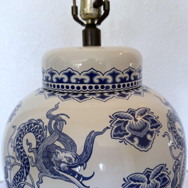 Ceramic Vintage Large Blue & White Chinoiserie Dragon Ginger Jar Table Lamp For Sale - Image 7 of 11