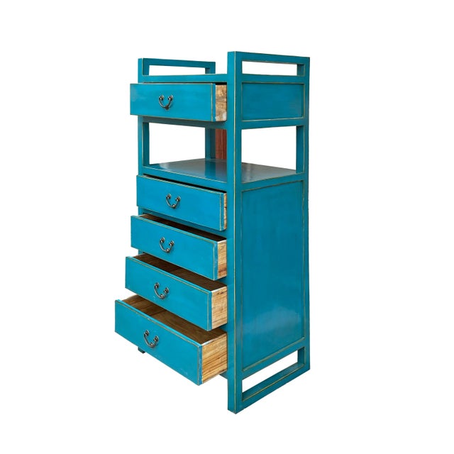 Oriental Bright Benitoite Blue Drawers Open Shelves Chest Cabinet Stand For Sale - Image 4 of 7