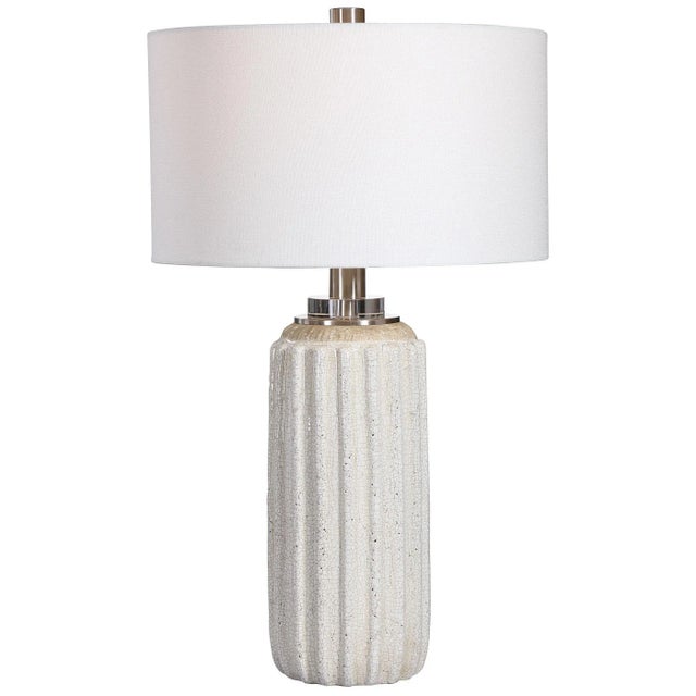 A Nod To Old-world Style, This Ceramic Table Lamp Features A Distressed Cream And Beige Crackle Glaze With A Deep Ribbed...