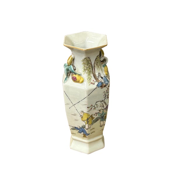 Chinese Scenery Graphic Hexagonal White Porcelain Art Vase 2 For Sale - Image 4 of 17