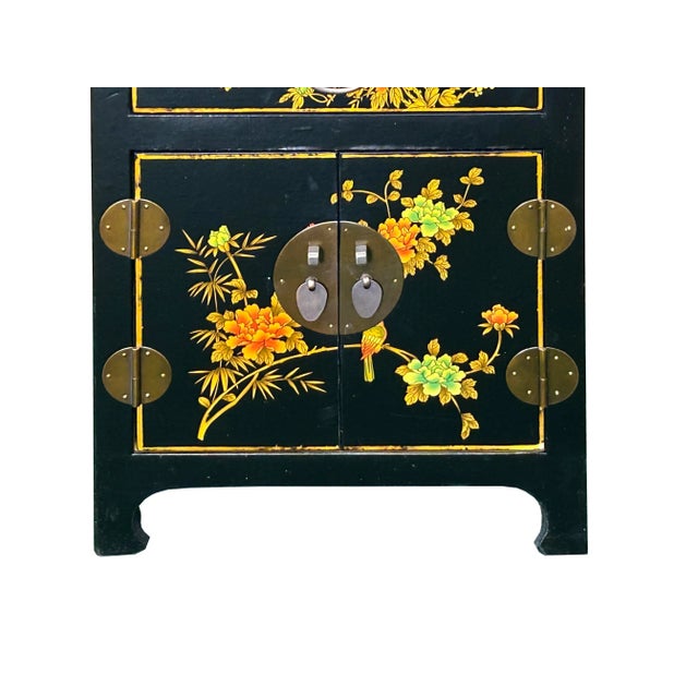 Chinese Black Vinyl Moon Face Flower Birds End Table Nightstand For Sale In San Francisco - Image 6 of 10