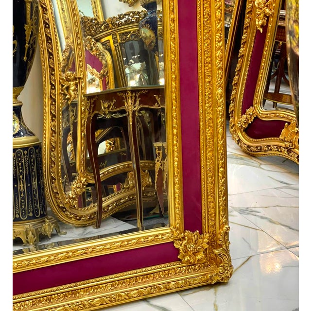 2020s French Rococo Mirror – Burgundy Velvet Paneling & Ornate Gold Leaf Frame For Sale - Image 5 of 6