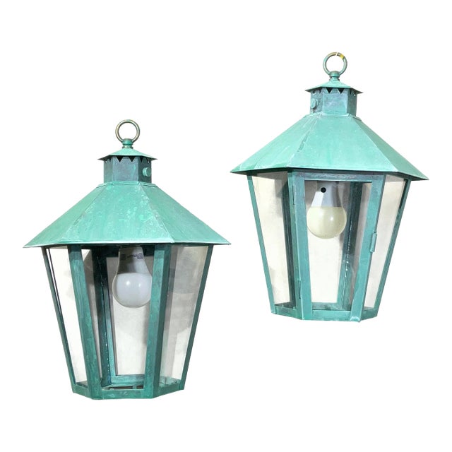 Hand-Crafted Vintage Solid Brass Hexagonal Hanging Lanterns, Usa For Sale