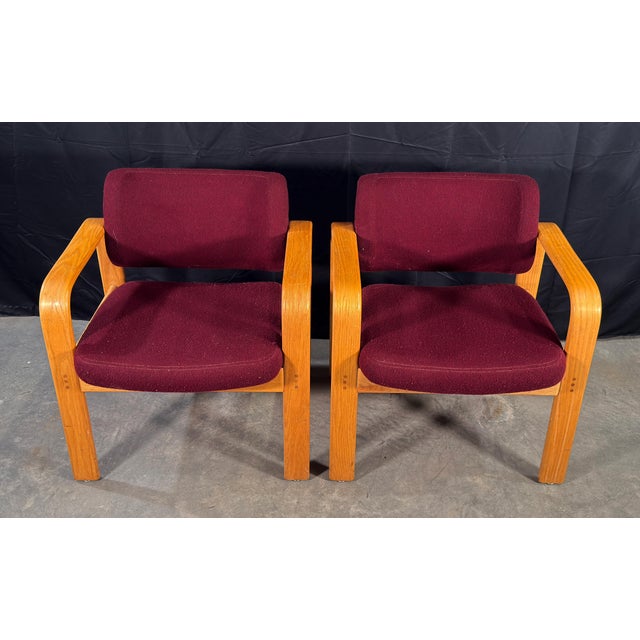 Burgundy Milo Baughman for Thayer Coggin Bentwood Oak Lounge Chairs, 1980s - A Pair For Sale - Image 8 of 14