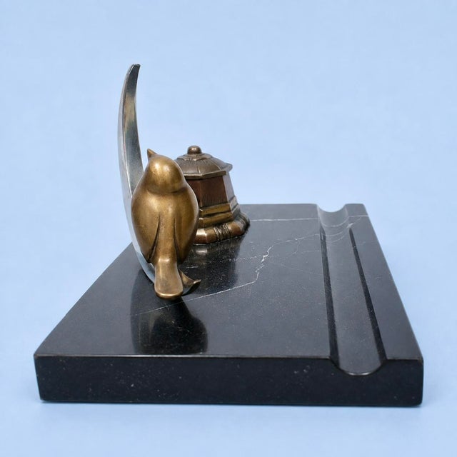 Art Deco Black Marble and Bronze Desk Tidy with Bird and Crescent Moon, 1930 For Sale - Image 4 of 5
