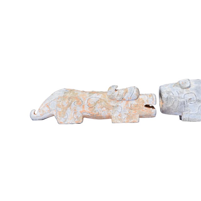 Chinese Pair of Archaic-Style Carved Stone Mythical Beast Figures For Sale - Image 3 of 8