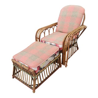 Art Deco Reeded Rattan Lounge Chair and Ottoman For Sale
