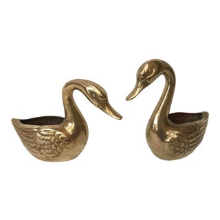 Vintage Brass Duck Form Planters - a Pair For Sale