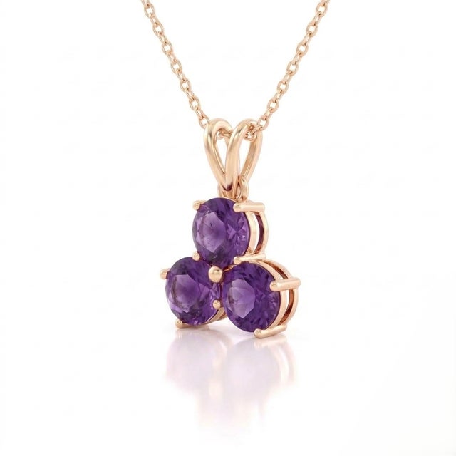 Contemporary Dainty Purple Amethyst Trio Stone Pendant | Natural Gemstone Cluster Pendant | February Birthstone Jewelry for Woman For Sale - Image 3 of 3