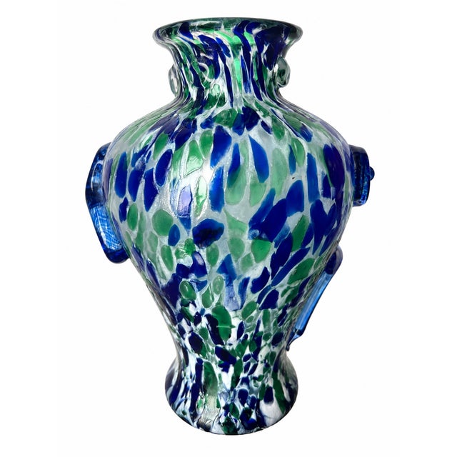 Boho Chic Blue and Green Spatter Art Glass Vase With Cobalt Scroll Handles For Sale - Image 3 of 15